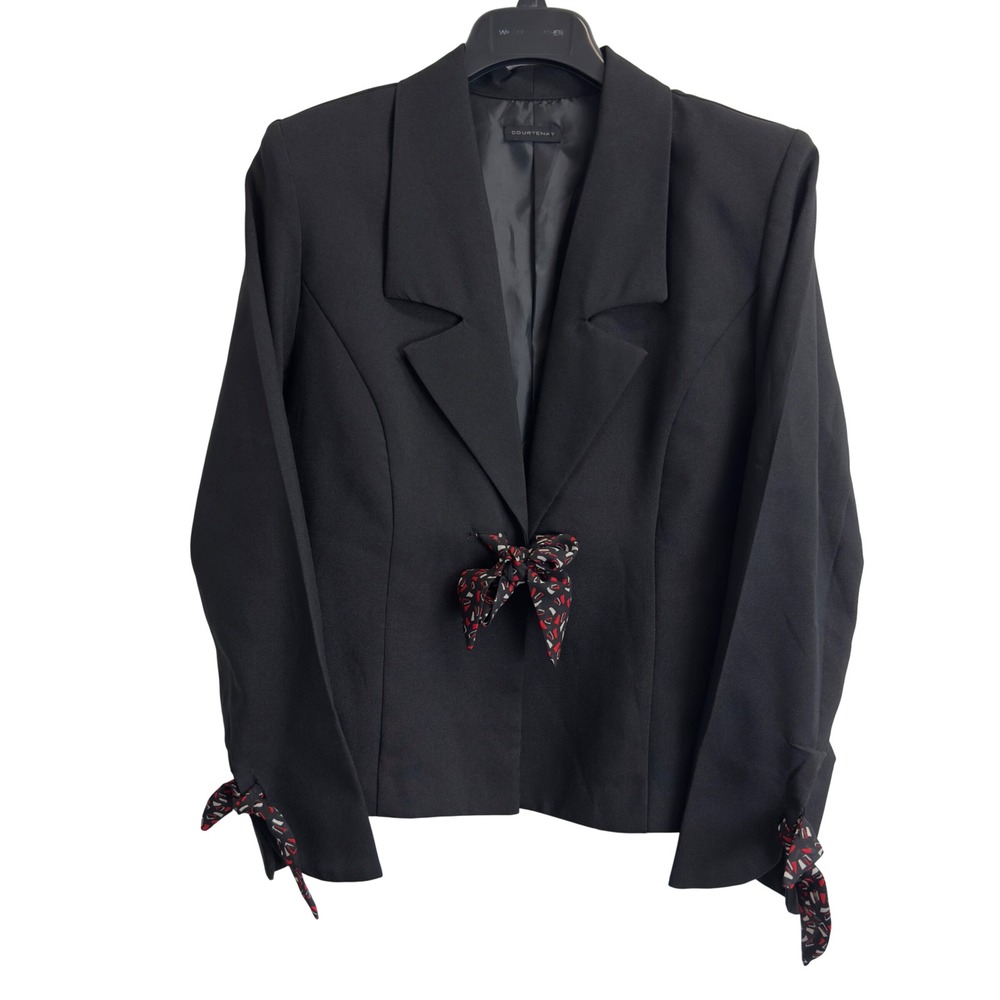 Courtenay Black Tie Front Blazer Jacket Womens Size 10 Printed Scarf Cuffs